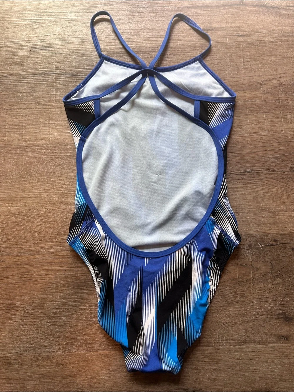 Nike Girls One Piece Swimsuit Size 12 Blue Black White Geometric Crossback